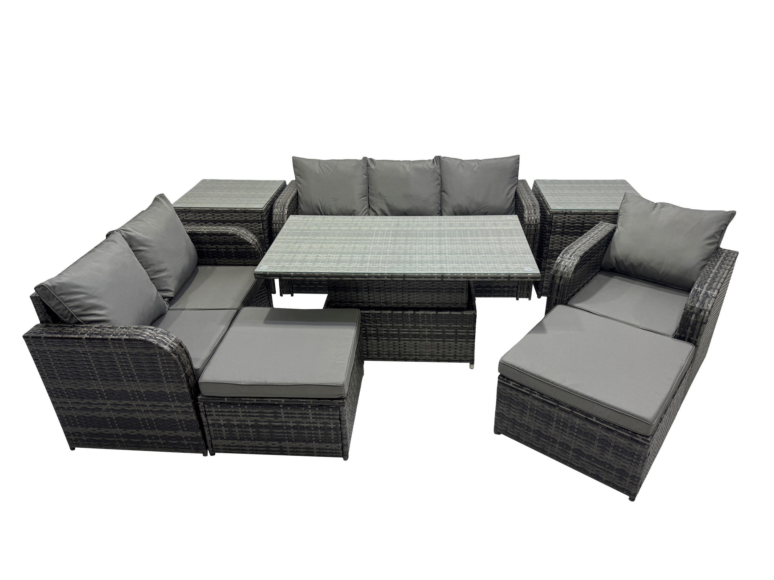 GARTENMÖBEL SET mit 2 Beistelltisch Höhenverstellbarer Esstisch 8-Sitzer Grau - Dunkelgrau/Grau, Glas/Kunststoff - Fimous