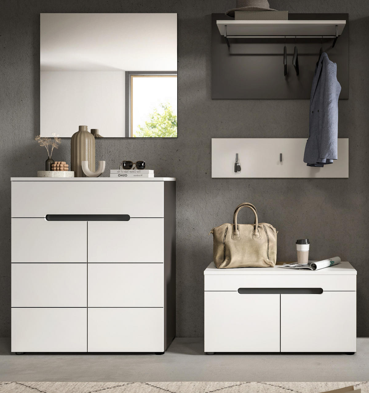 GARDEROBEN-SET 5-teilig in weiß, grau 175 cm, Kombination mit Soft-Close, Cooper - Schwarz/Weiß, Glas/Holzwerkstoff (175/190/37cm) - Inn.Furn