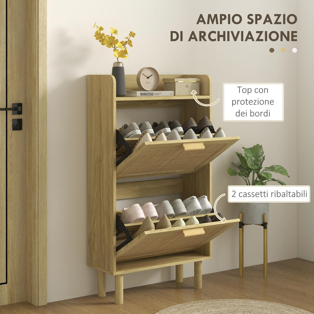 SCHUHSCHRANK,SCHMAL 2 Klappschubladen mit Deckel,eiche - Beige, Holzwerkstoff (80/110/24.5cm) - Vallsero