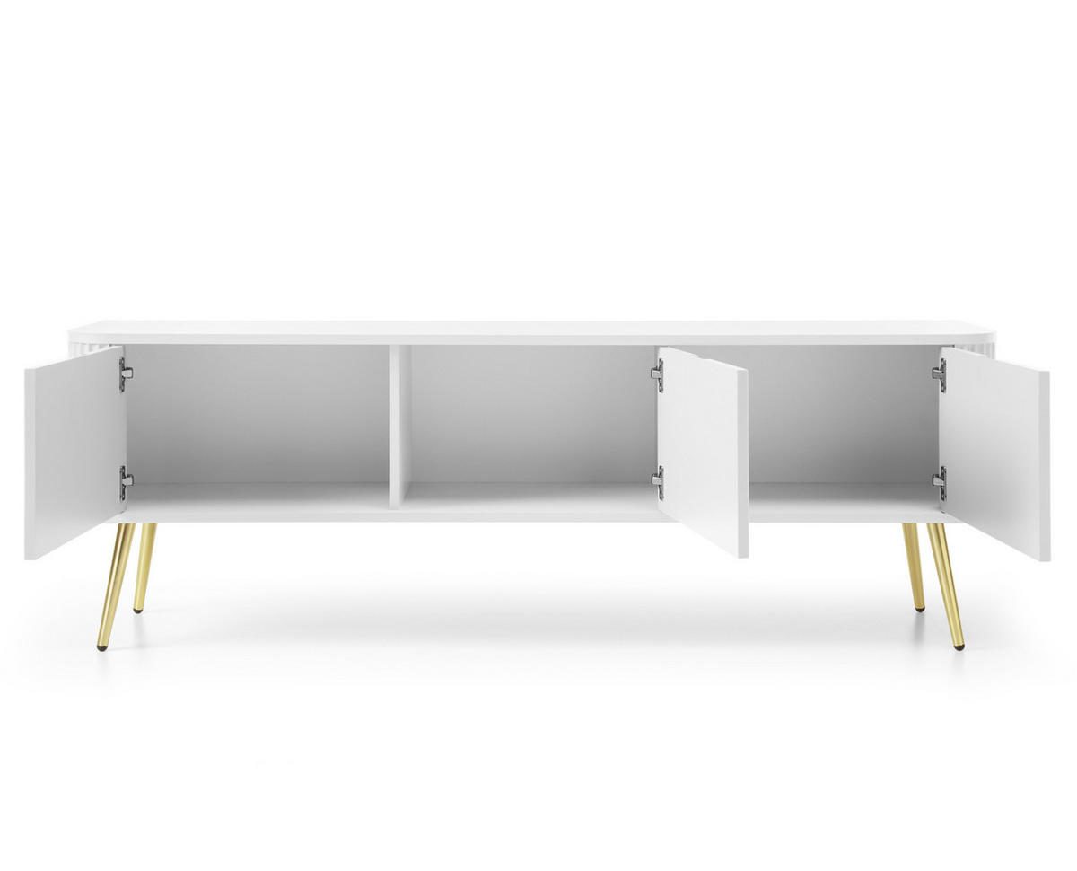 LOWBOARD Salvia 3T Weiß, Gold 168/56/39 cm – mit geriffelten Fronten und hohen Beinen - Goldfarben/Weiß, Holzwerkstoff/Metall (168/56/39cm) - AX Living