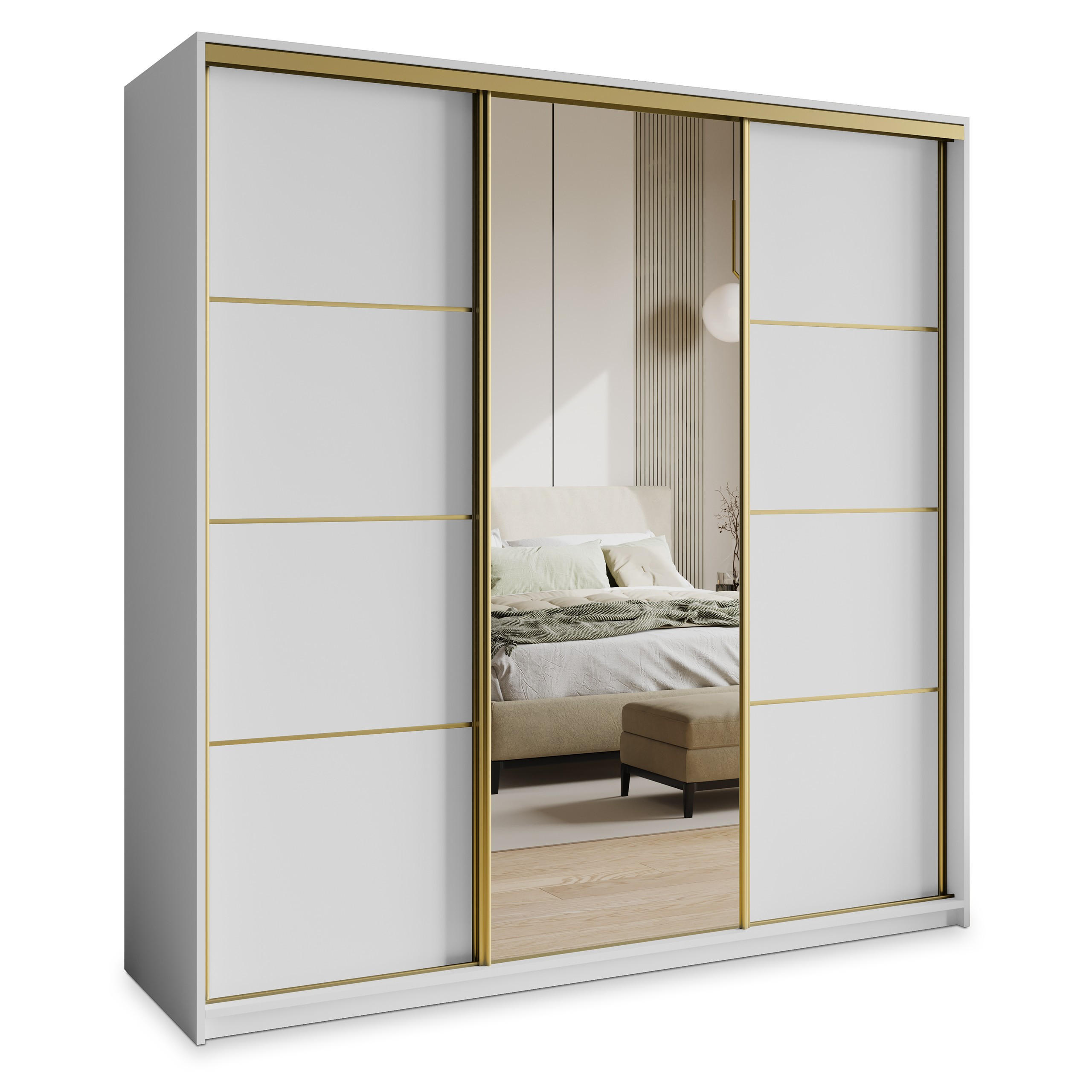SCHWEBETÜRENSCHRANK VARO 200/205/60 cm 3-türig mit Spiegel Weiß - Weiß, Holzwerkstoff (200/205/60cm) - MASSENO