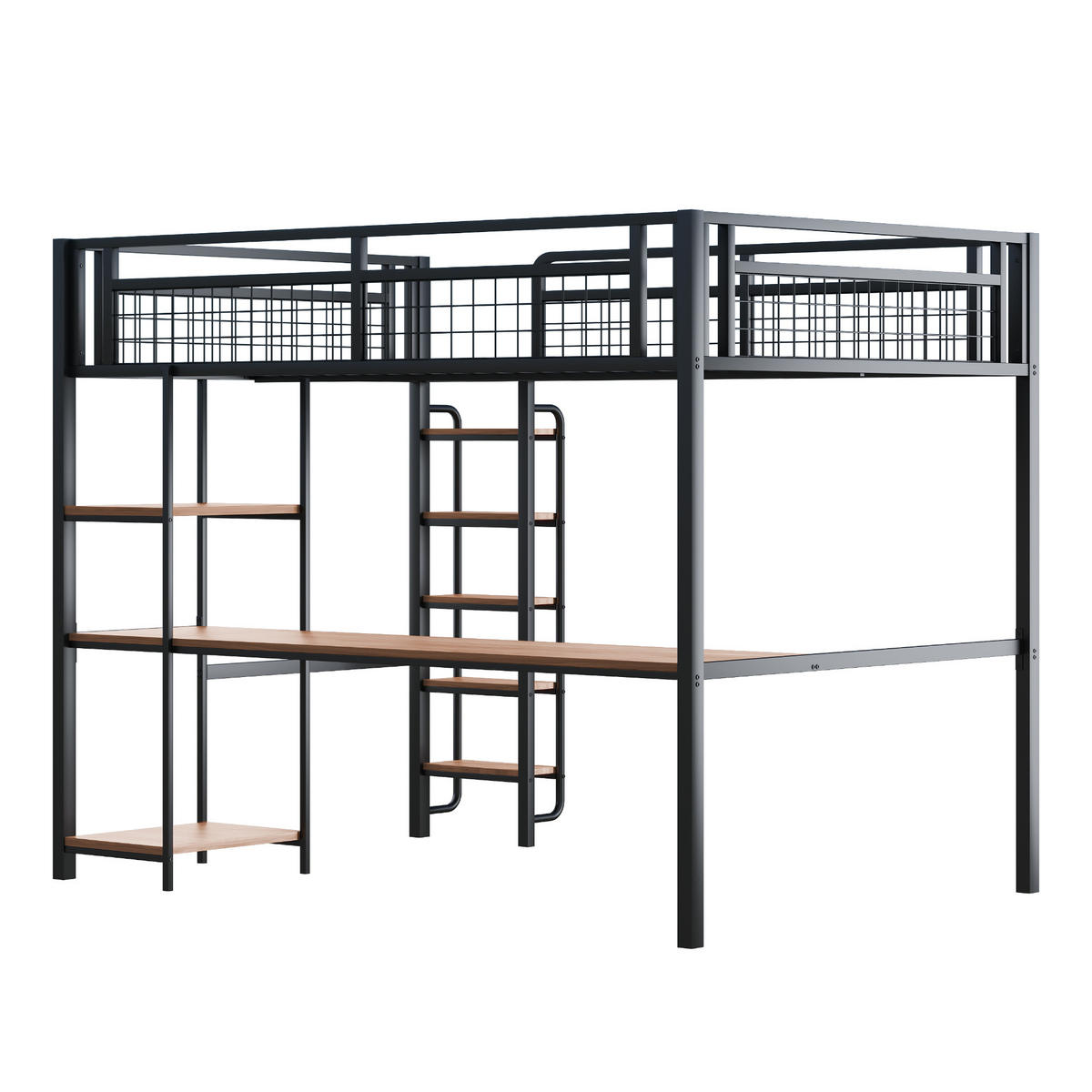 HOCHBETT aus Metall 140x200 cm in Schwarz mit Tisch & Regalen - Schwarz, Metall (140/200cm) - Modfu