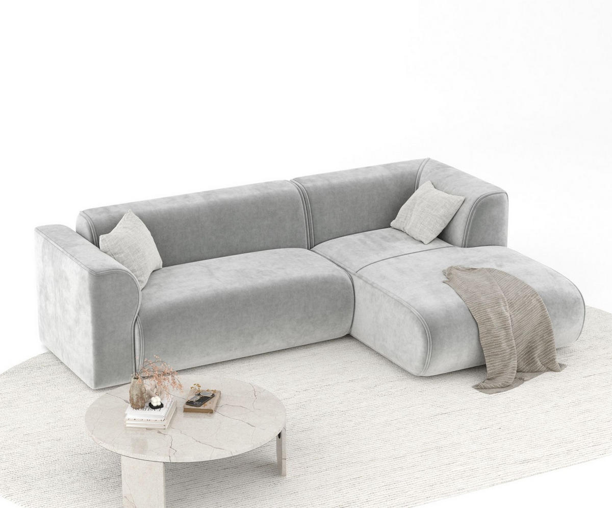 ECKSOFA Melani Hellgrau Samtstoff - Rechts Seite - Creme/Schwarz, Holz/Holzwerkstoff (162/256cm) - Maison de Reve