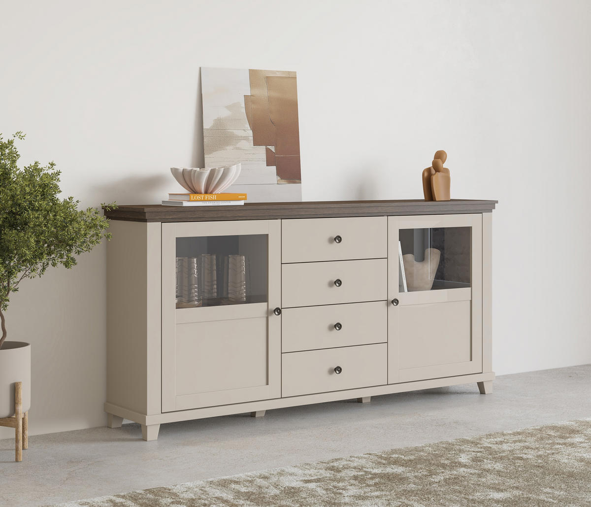 SIDEBOARD EVANDRO 181x42x93 cm mit 4 Schubladen und 2 Türen Beige - Beige, Holzwerkstoff (181/93/42cm) - MASSENO