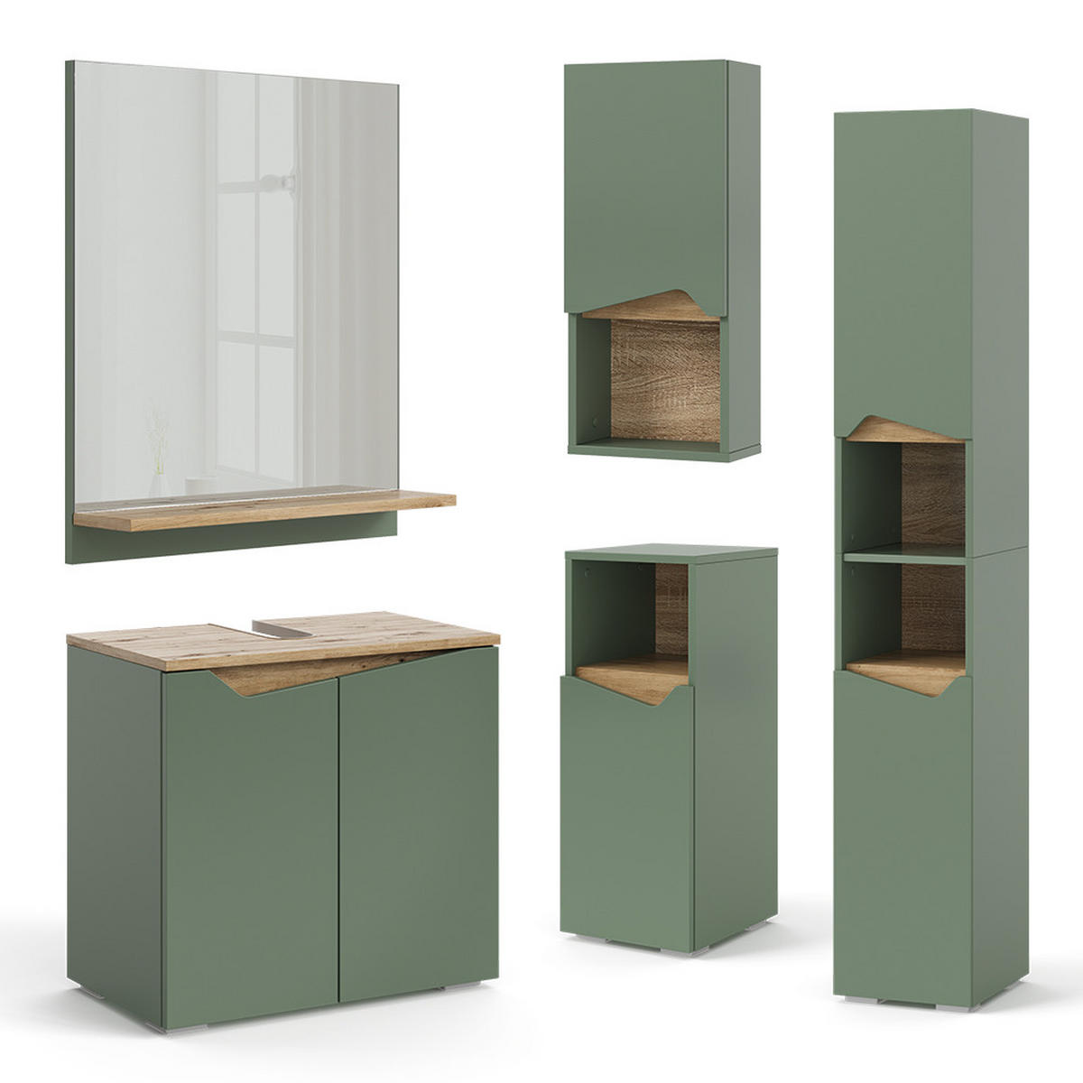 BADSCHRANK Marelle Grün/Artisan 30 x 180 cm mit Türen und offenen Fächern - Grün, Holzwerkstoff (30/180/35cm) - Vicco