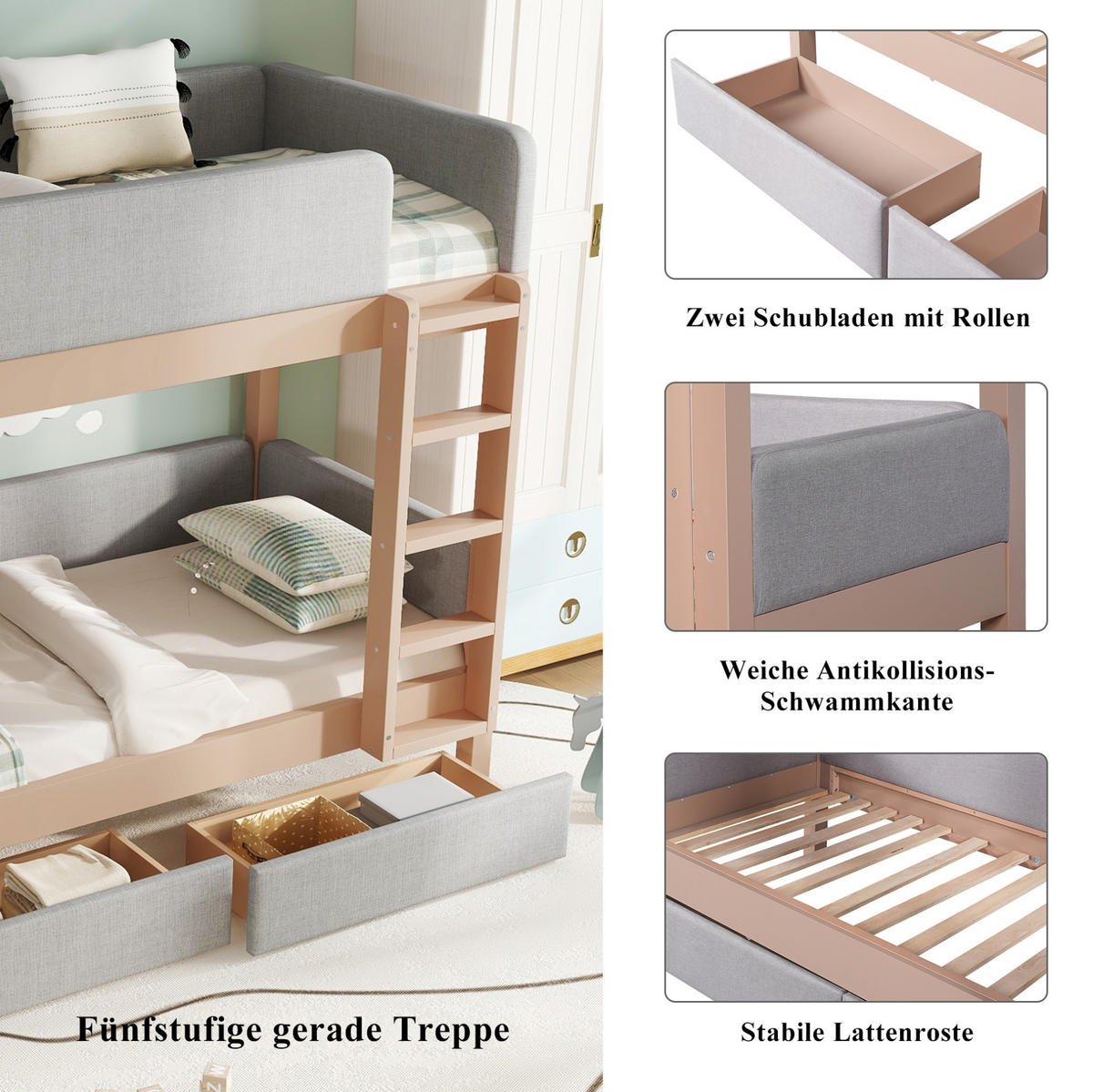 ETAGENBETT aus Kautschukholz und MDF 90x200 cm Grau/Natur mit 2 Schubladen, gerader 4-Stufen-Treppe und Schutzkante - Grau, Holzwerkstoff (90/200cm) - Modfu