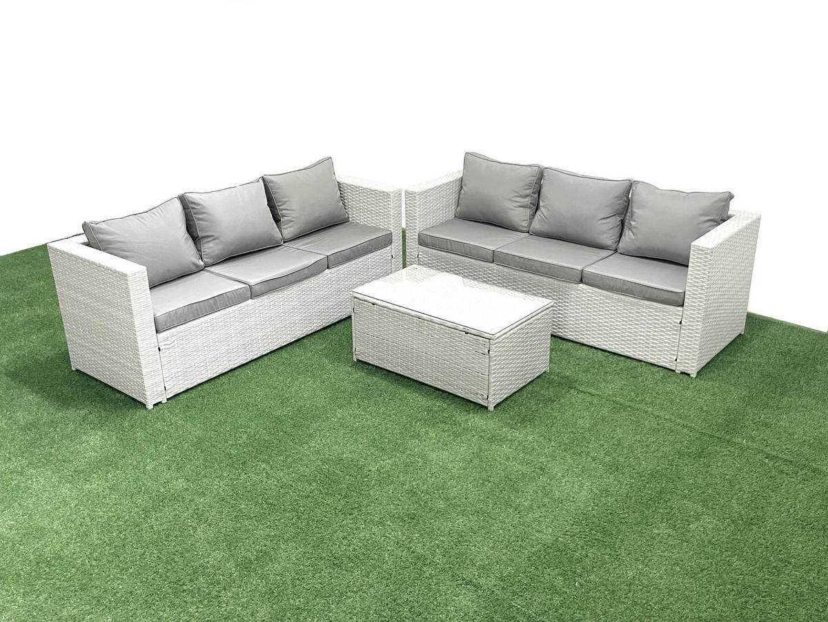 GARTENGARNITUR mit 3-SITZER SOFA,COUCHTISCH Polyrattan Hellgrau-Mix 6-Sitzer - Hellgrau/Grau, Glas/Kunststoff - Fimous