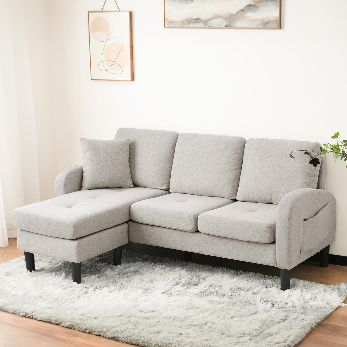 ECKSOFA L-Form 3-Sitzer mit Chaiselongue Baumwoll-Leinenstoff Beige Grau 166/118/77 cm - Beige, Kunststoff (166/118cm) - OKWISH