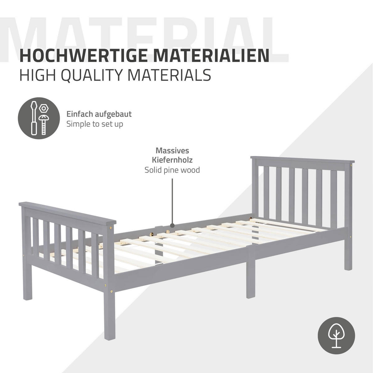 DŘEVĚNÁ POSTEL 90x200 cm světle šedé borové dřevo s roštem a matrací H10 cm - světle šedá, dřevo (90/200cm) - ML-DESIGN