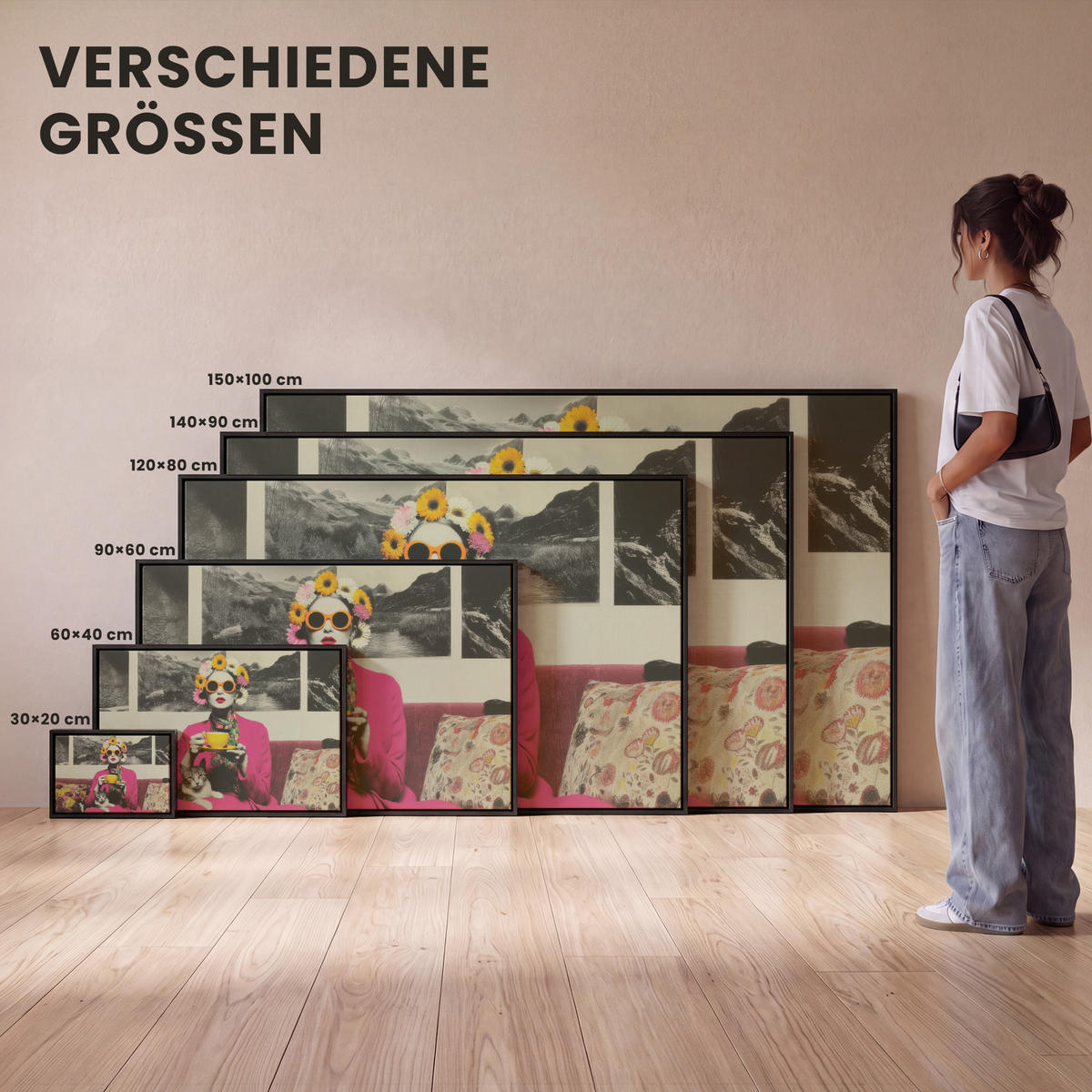 LEINWAND Bilder mit Rahmen - Frau - Katze - Blumen - Tasse - Retro - 150x100 - Magenta, Textil (150/100cm) - MuchoWow