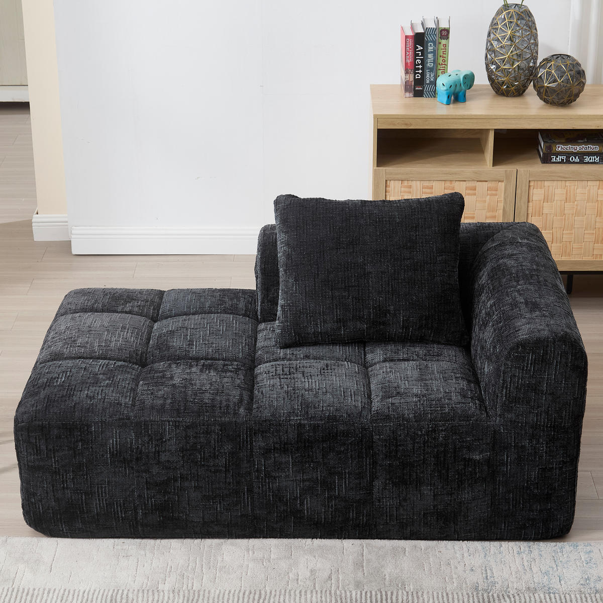 RÉCAMIERE Chenille Schwarz mit Seitentaschen und Kissen - Schwarz, Textil (158/60/90cm) - WISHDOR