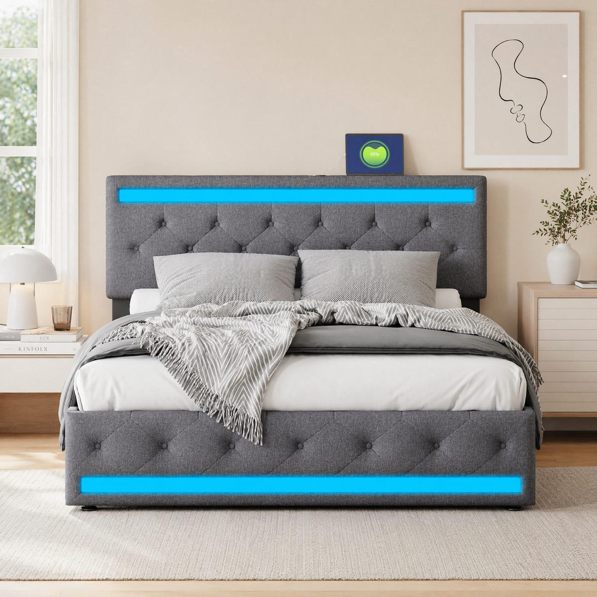 DOPPELBETT 180x200cm grau leinen led usb typ-c schubladen - Dunkelgrau, Metall - SHOPENTRA