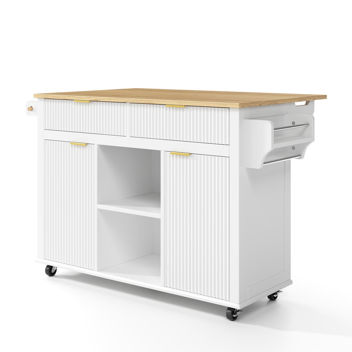 KÜCHENINSEL 89,5 cm MDF Weiß Natur mit Klappbarer Arbeitsplatte und Gewürzregal - Weiß, Holzwerkstoff (45/89.5/143cm) - Korfee