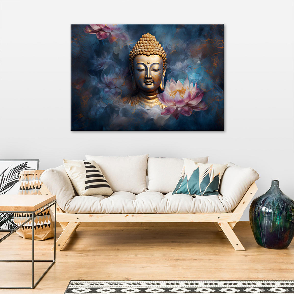 LEINWANDBILD Buddha und Zen-Blumen 90x60cm - Blau, Textil (90/60cm) - Feeby