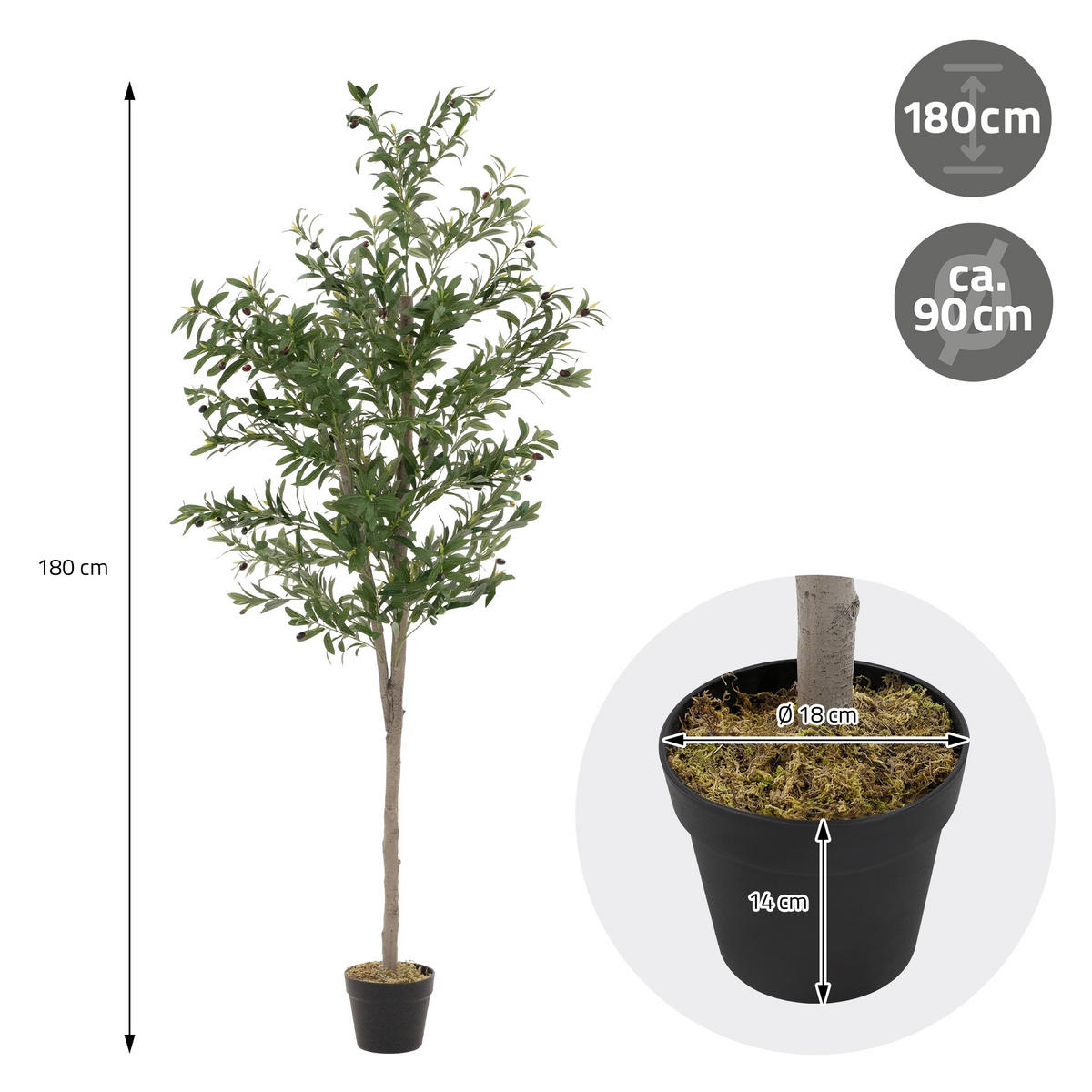 KUNSTPFLANZE Olive - Anthrazit/Grün, Holz/Kunststoff (180cm) - ML-DESIGN