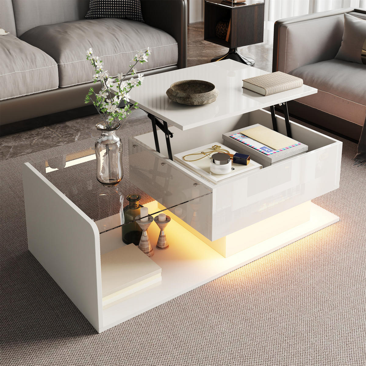 COUCHTISCH Hochglanz Weiß mit Glasplatte und LED-Beleuchtung - Weiß, Holzwerkstoff (100/50/33cm) - Korfee