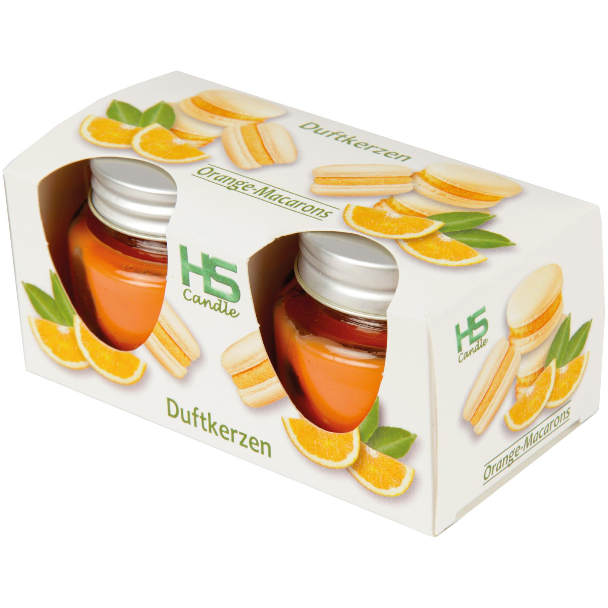 DUFTKERZE "Macaron Orange" im Glas mit Deckel, 2er Pack mit je ca. 7 Std. Brenndauer, Ø6cm , Raumduft als Geschenk und Dekoration - Orange, Glas (6/5cm) - HS Candle