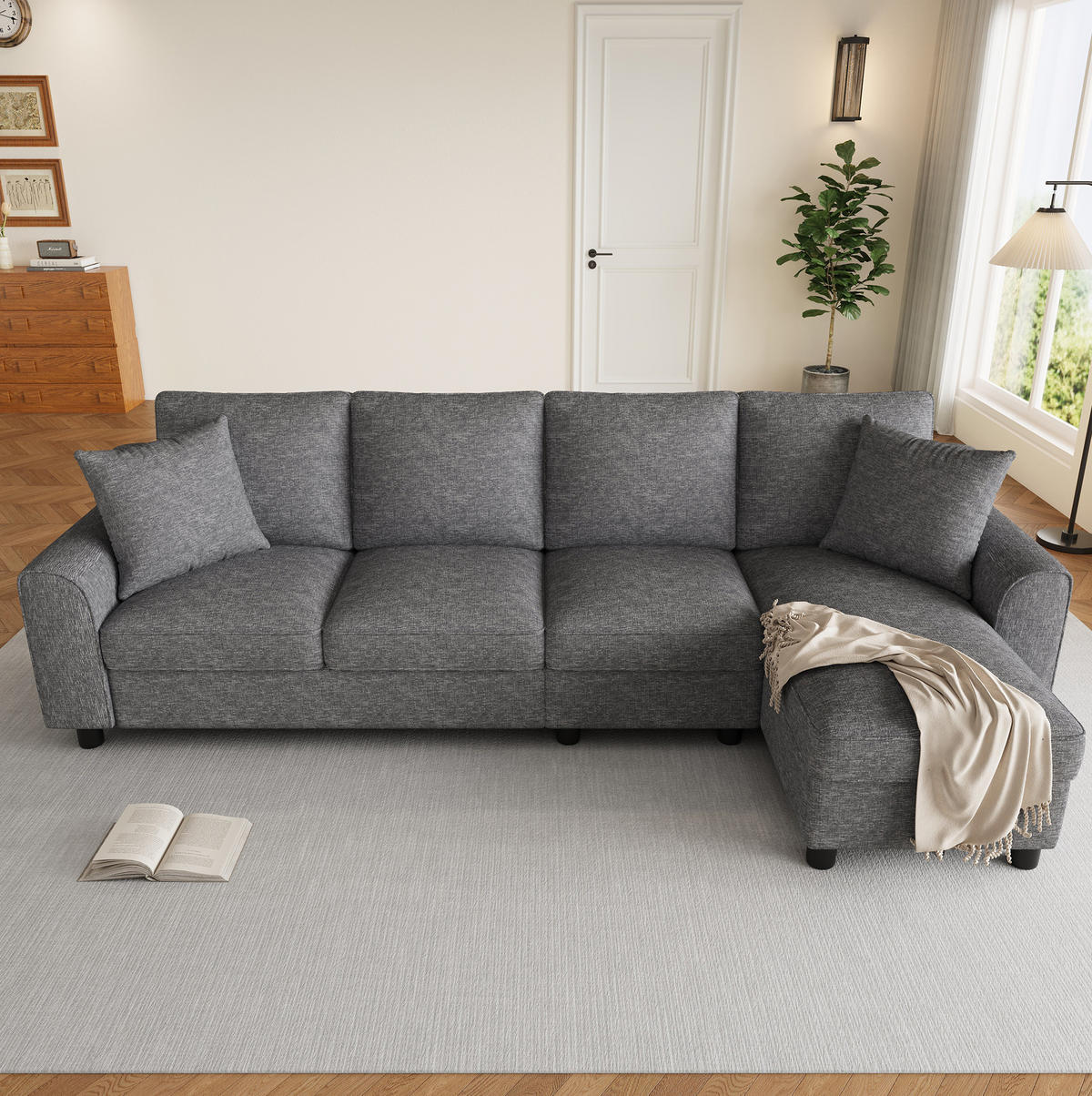 ECKSOFA 280/136/82 cm grau aus Chenille mit Stauraum und Getränkehaltern - Grau, Textil (136/280cm) - OKWISH