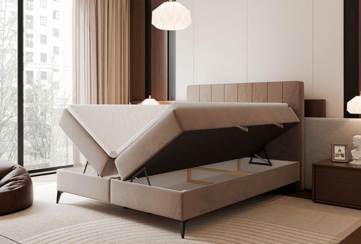 BOXBETT VERA 120x200 cm mit Matratze und Topper, Dichter wasserabweisender Samt Hellbraun - Hellbraun, Textil (120/200cm) - Idohome