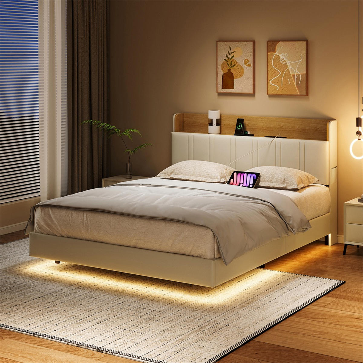 POLSTERBETT 140 x 200 cm - versteckter Stauraum im Kopfteil und Ladestation - LED-Beleuchtung - Weiß - Weiß, Textil (140/200cm) - DELFA