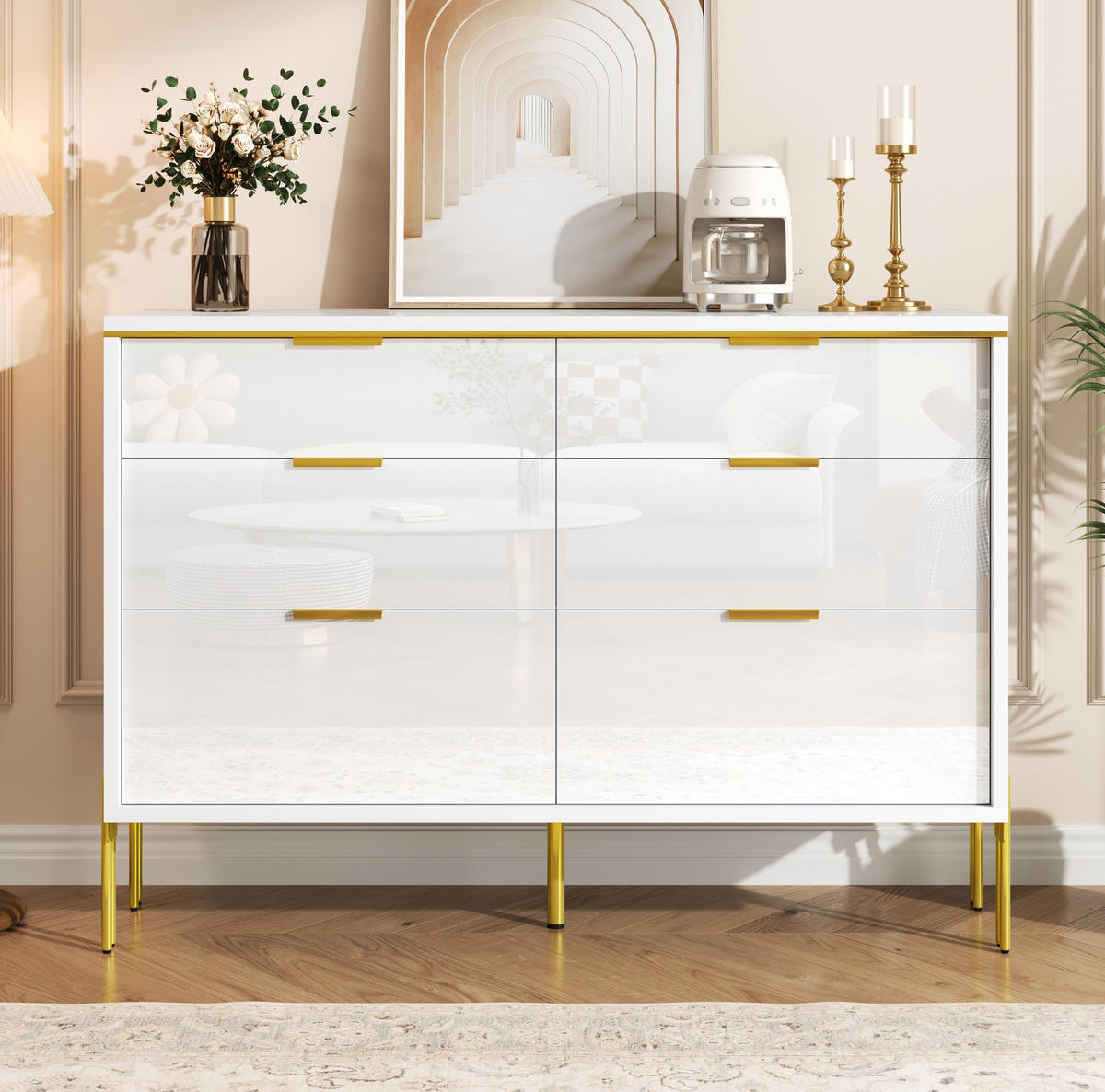 SIDEBOARD 120/40/85,5 cm weiß aus Spanplatte mit 6 Schubladen - Weiß, Holzwerkstoff (120/85.5/40cm) - OKWISH