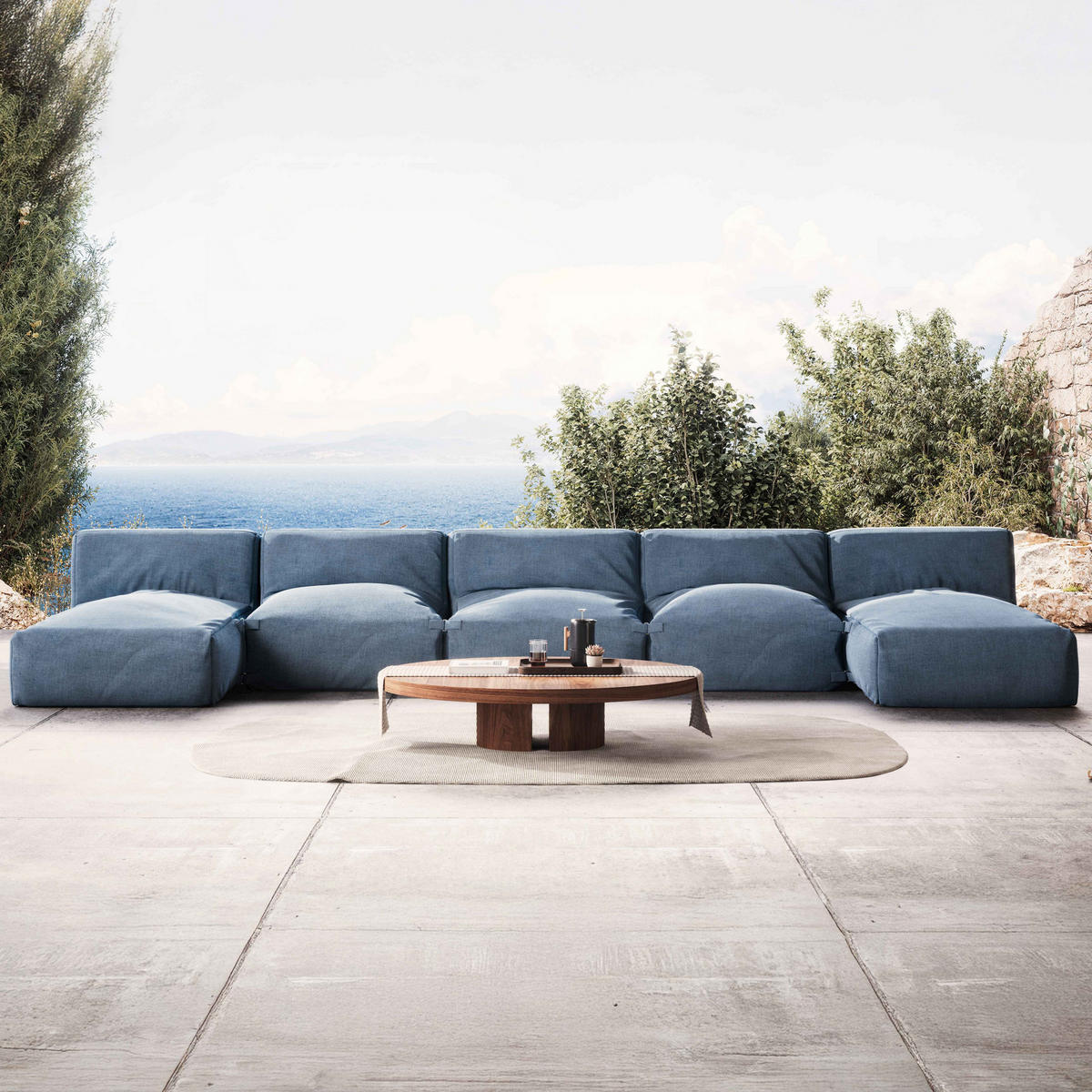 GARTENSOFA mit 5 Sitzplätzen, Pazifikblau - Blau, Textil - Oviala