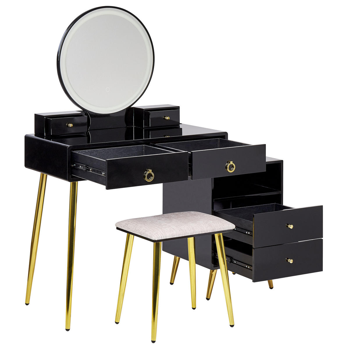 SCHMINKTISCH mit rundem LED-Spiegel Hocker 6 Schubladen schwarz/gold Yves - Goldfarben/Schwarz, Holzwerkstoff (98/133/38cm) - Beliani