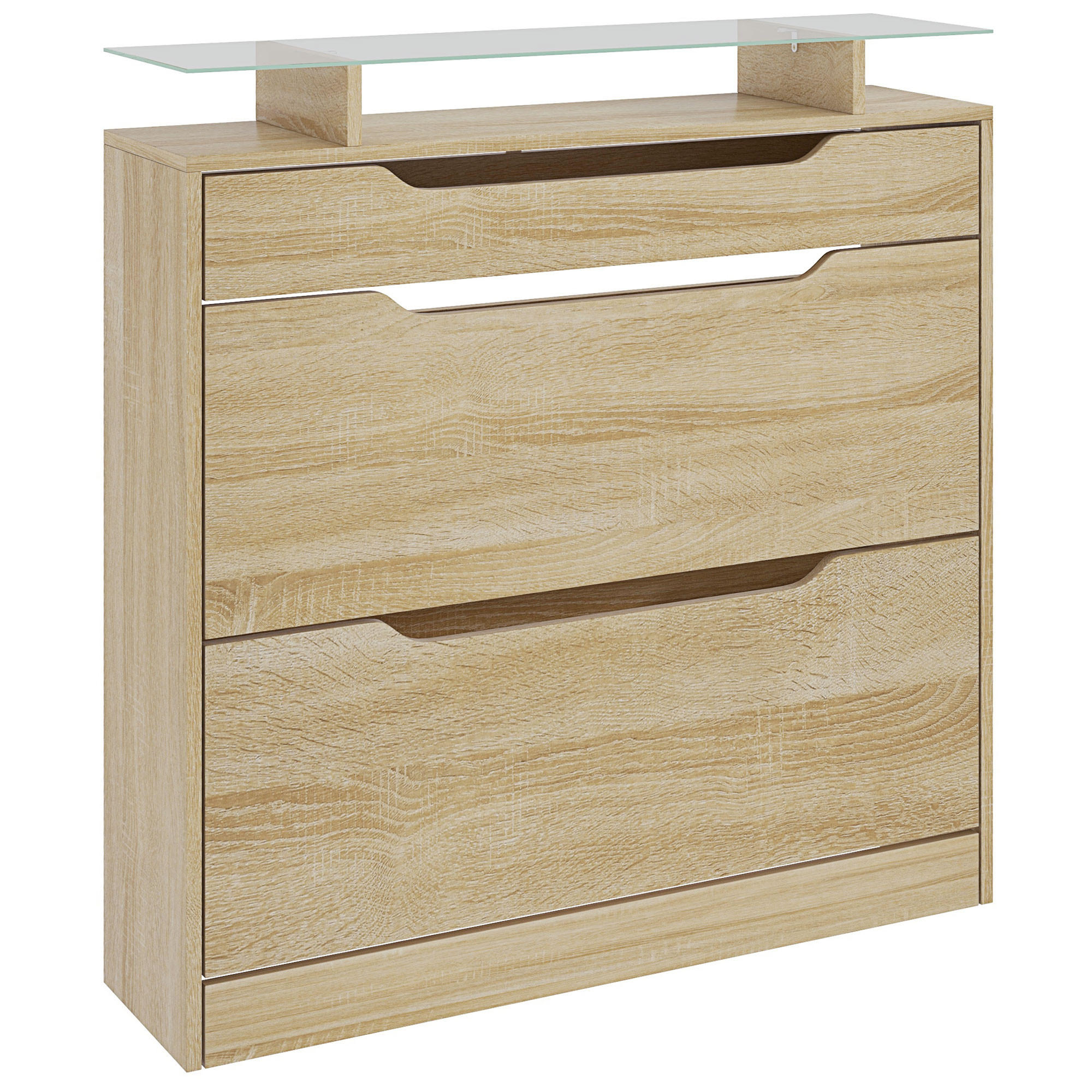 SCHUHSCHRANK DE-15003 mit 2 Klapptüren, Schublade & Glasablage Eiche - Eichefarben, Holzwerkstoff (89/96/23cm) - ComfortXL