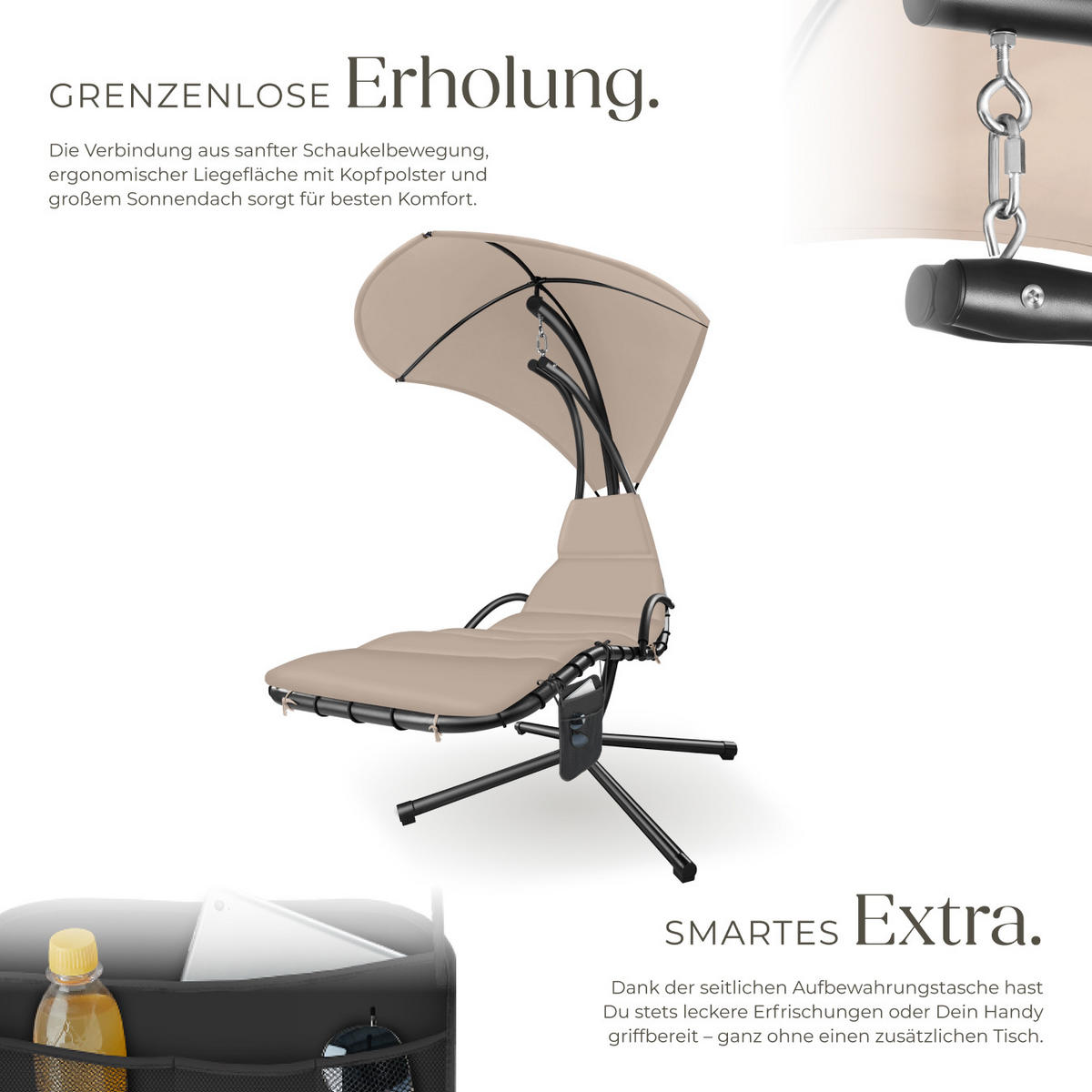 HÄNGELIEGE Elaria,195 x 132 x 197 cm, mit Seitentasche,beige - Beige, Textil (132/197/195cm) - tectake