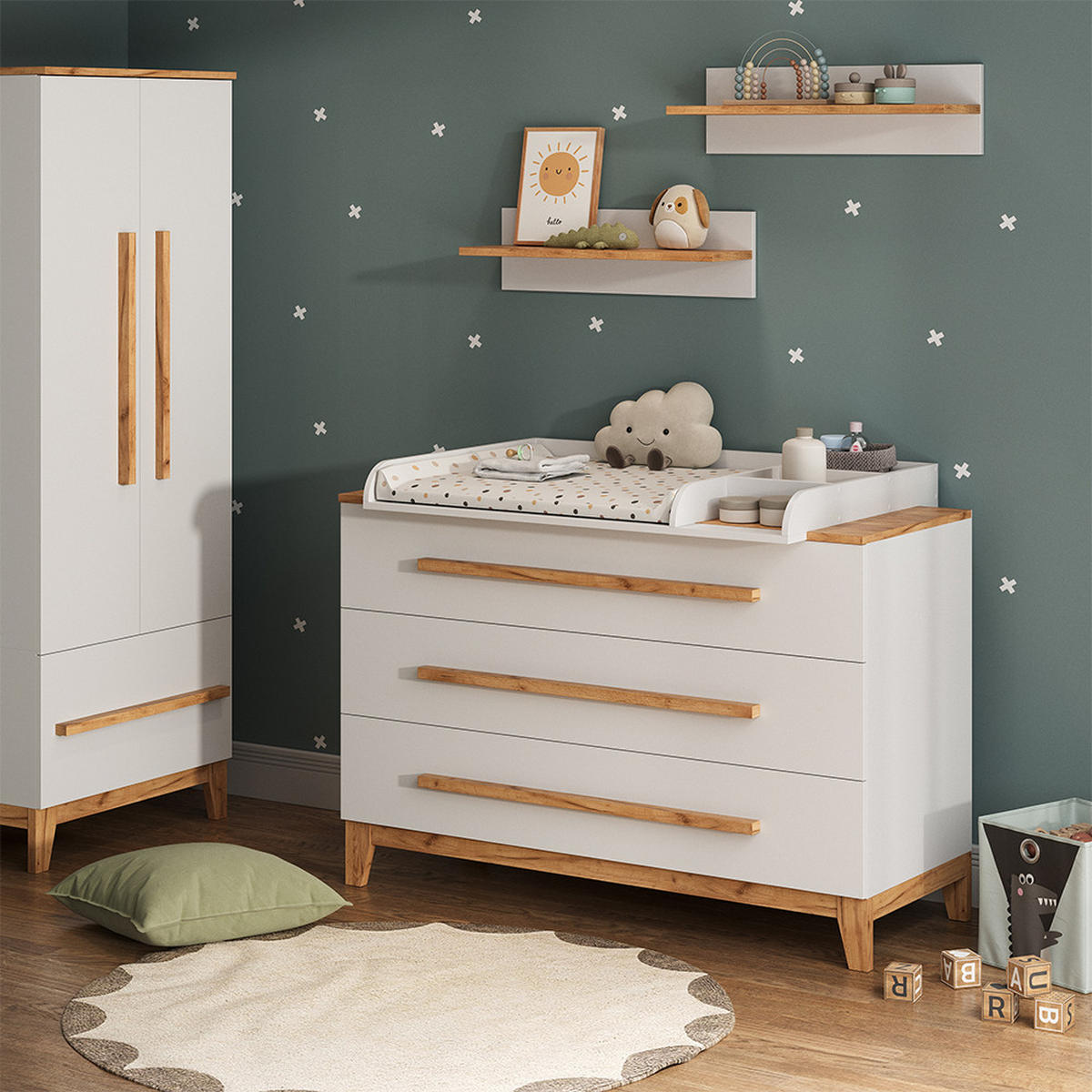 WICKELKOMMODE Malia Weiß/Artisan 133.2 x 98 cm mit 3 Schubladen - Weiß, Holzwerkstoff (133.2/98/70cm) - VitaliSpa