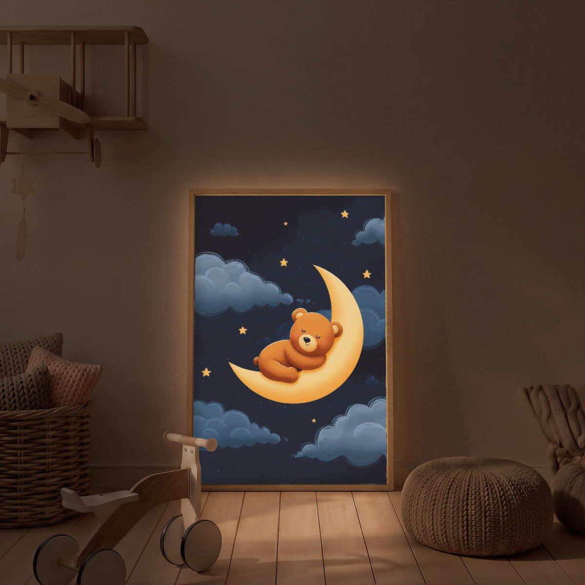 NACHTTISCHLAMPE MIT AKKU Teddybär - Mond - Wolken - Sterne 60x90 cm - Dunkelblau, Holzwerkstoff (8/60/90cm) - OnlyWow