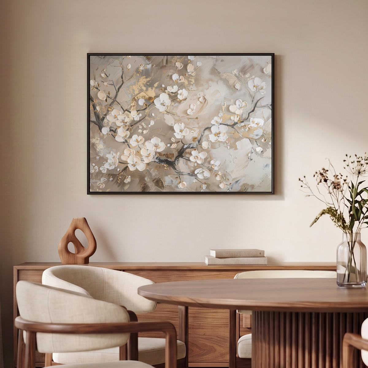 LEINWAND Bilder mit Rahmen - Blumen - Weiß - Gold - Beige - Luxus - 80x60 - Greige, Textil (80/60cm) - MuchoWow