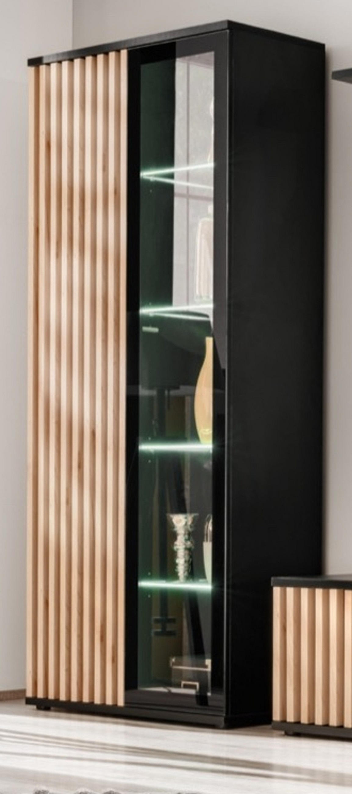 VITRINE schwarz, Eiche Jackson, Vitrinenschrank mit 3D-Lamellen inklusive Beleuchtung - Eichefarben/Schwarz, Glas/Holzwerkstoff (80/192/40cm) - Furn.Design