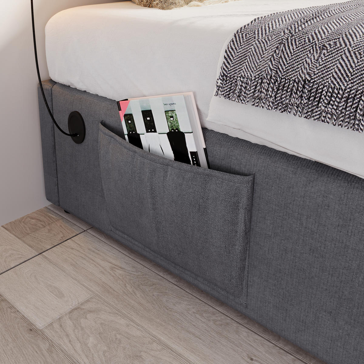 POLSTERBETT 90/190 cm Grau mit Stauraum und USB- und Type-C-Anschlüssen - Grau, Textil (90/190cm) - OKWISH