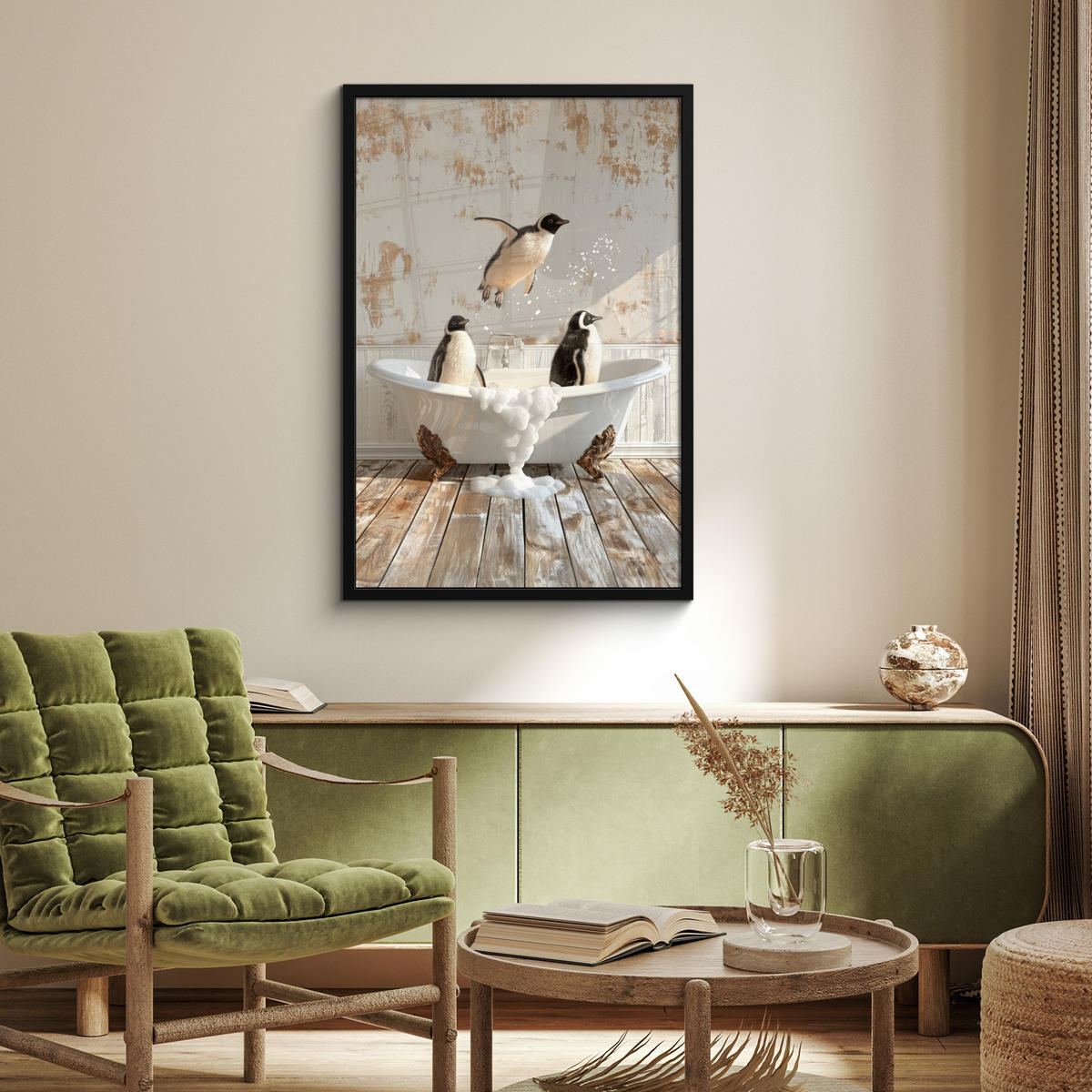 ZARÁMOVANÝ PLAGÁT Vintage - Tučniak - Vaňa - Pena 60x90 cm - čierna, papier (60/90cm) - MuchoWow