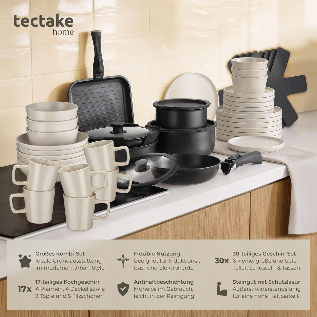 KÜCHENSTARTERSET 47er Set Una/Parma, inklusive Topfschonern und anklemmbaren Griffen, schwarz/taupe - Taupe/Schwarz, Keramik (30/8.5/46.5cm) - tectake