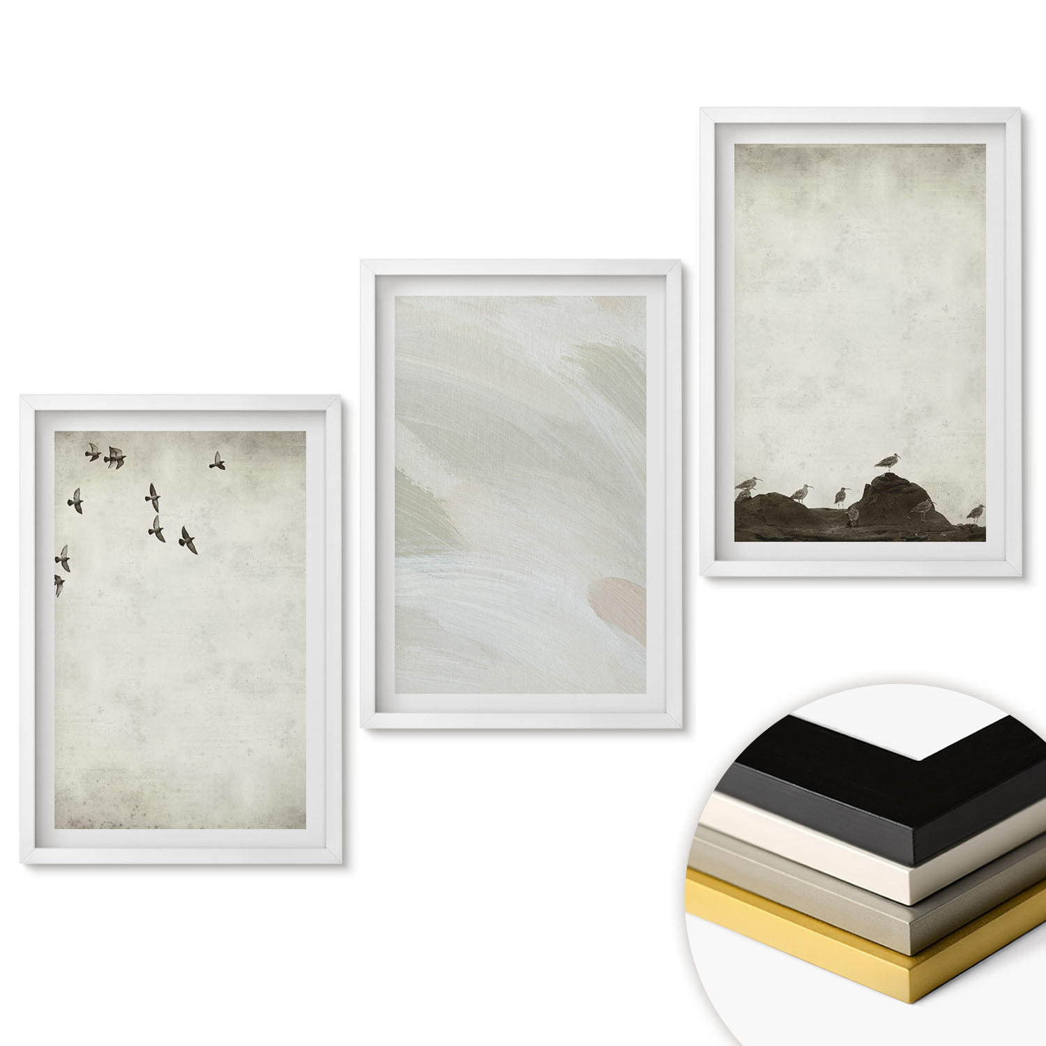 WANDBILDER 3er-Set - 40x60 cm Weißer Rahmen - Vögel, Steine, Pinselstriche, Verzierungen - Weiß, Kunststoff (40/60cm) - ArtPrintCave