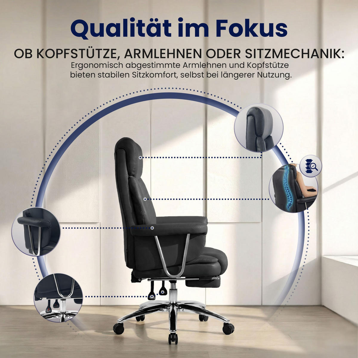 CHEFSESSEL Echtleder Schwarz - Chromfarben/Schwarz, Leder/Metall (78/114/66cm) - CLP