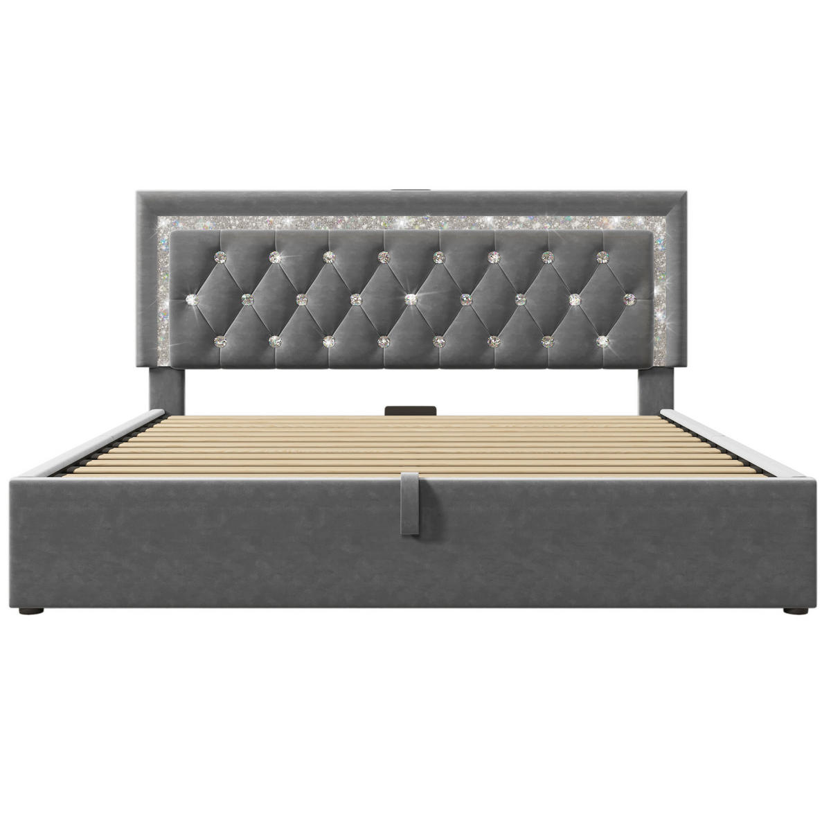 POLSTERBETT aus Samt 160x200 cm Grau mit Bettkasten, LED-Beleuchtung, USB/Type-C und Matratze - Grau, Textil (160/200cm) - IVMEU