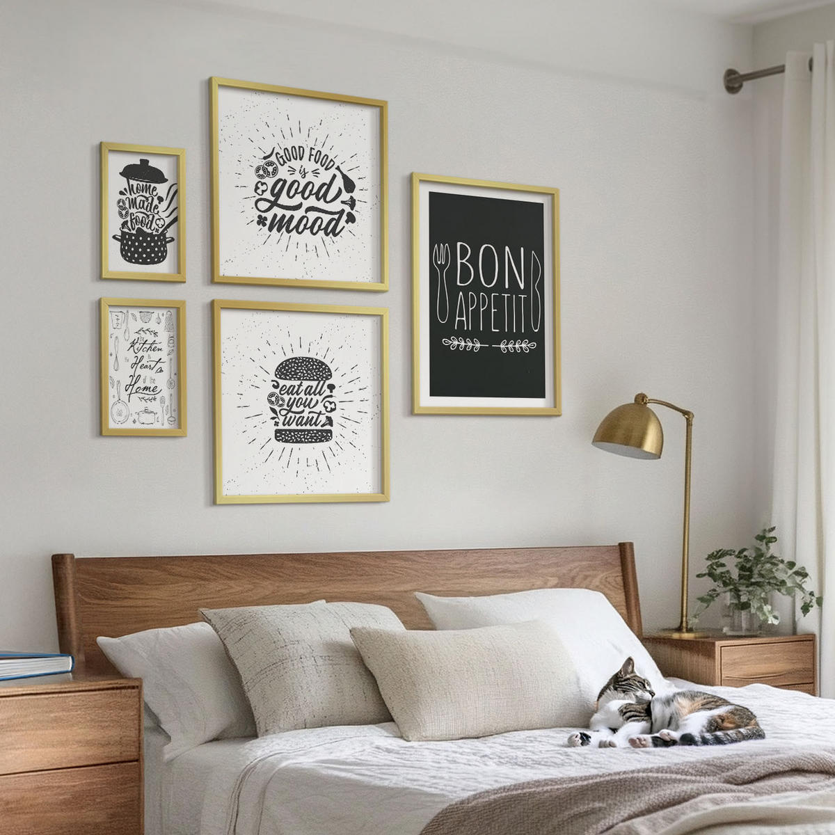 WANDBILDER 5er Set - 50x50 cm & 20x30 cm & 40x60 cm Goldrahmen - Grafiken, Lebensmittel, kulinarische Slogans - Goldfarben, Kunststoff (40/60cm) - ArtPrintCave