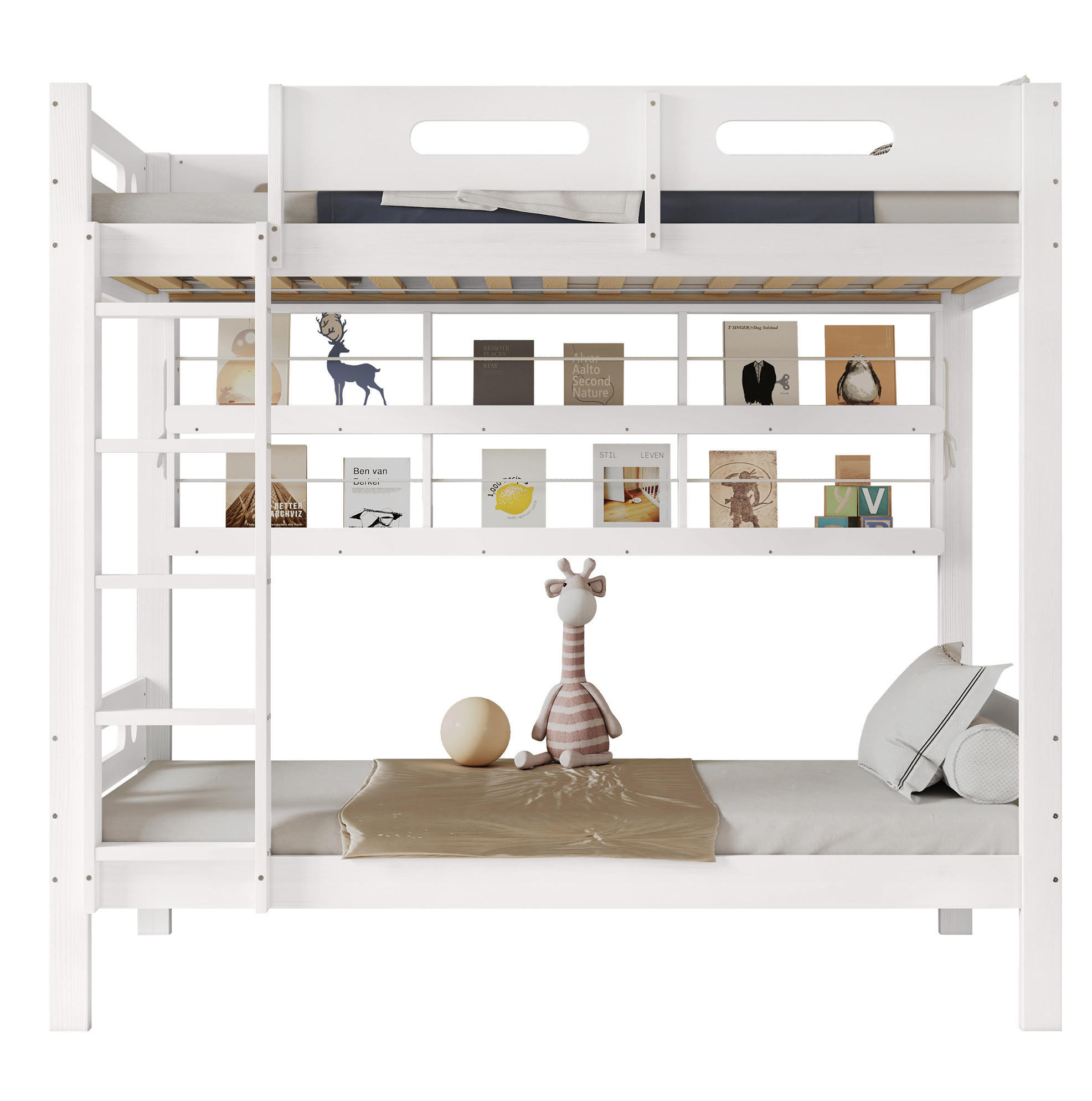 POSCHODOVÁ posteľ 90/200 cm biela/prírodná s otvoreným regálom a 5-stupňovým rebríkom z masívneho dreva a MDF - biela, drevo (90/200cm) - OKWISH