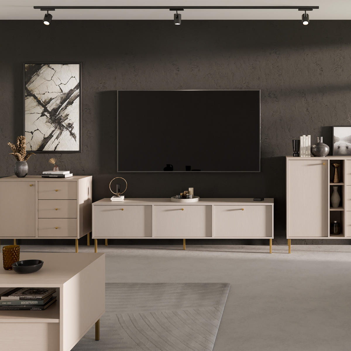 TV-LOWBOARD FLOREN, Creme/Gold - Creme, Holzwerkstoff/Metall (180/50/40.8cm) - KONSIMO®