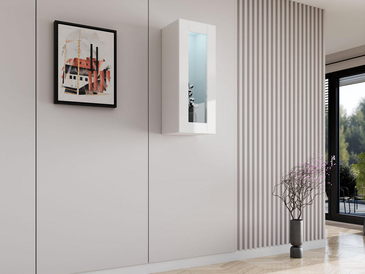 HÄNGEVITRINE 90 Vigo Glas mit weißer LED Beleuchtung - Weiß Hochglanz/Weiß, Holzwerkstoff (35/90/32cm) - MIRJAN24