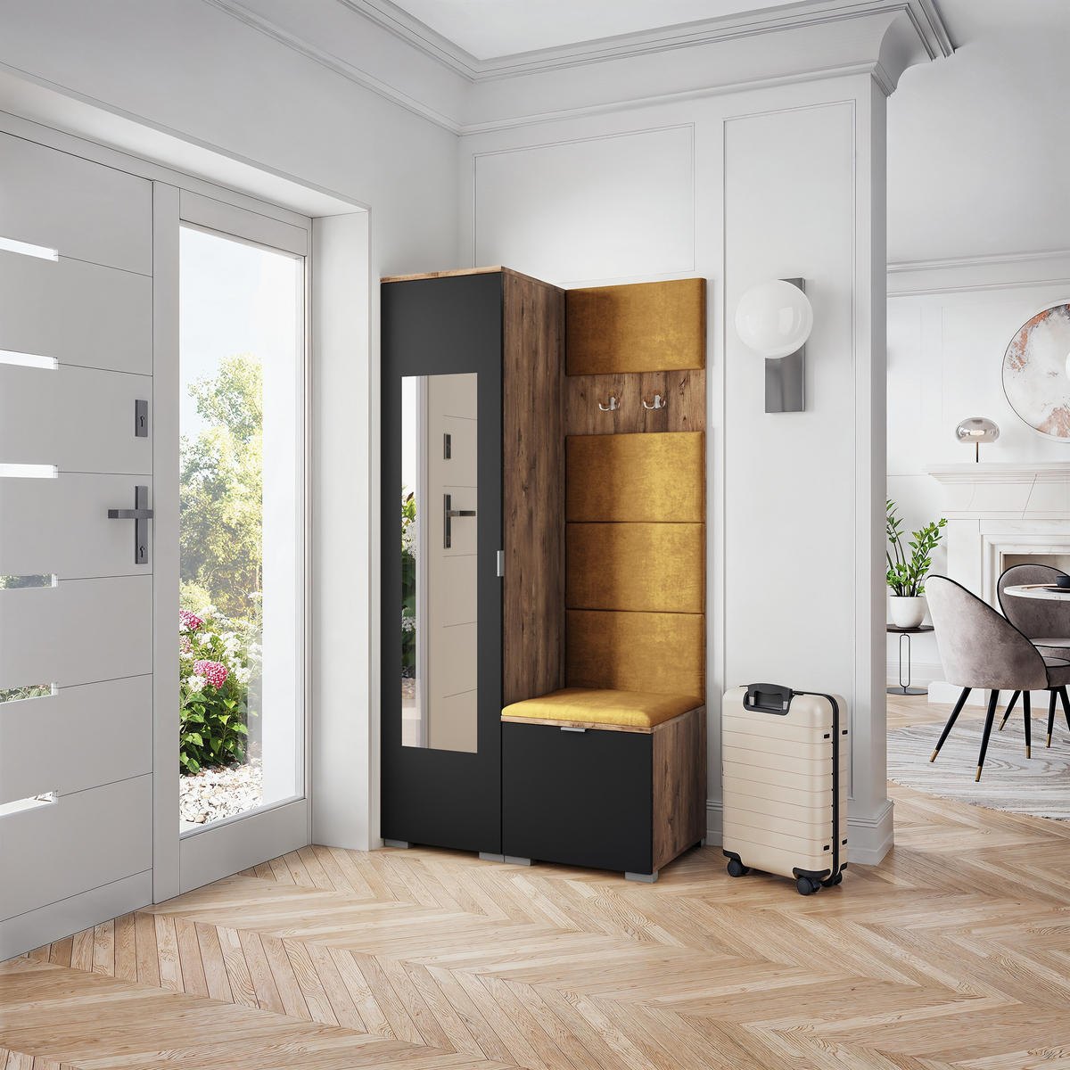 GARDEROBENSCHRANK VIRA 95/181/51 cm Modern Garderobe-Set Eiche Lefkas - Eichefarben/Gelb, Holzwerkstoff (95/181/51cm) - MASSENO