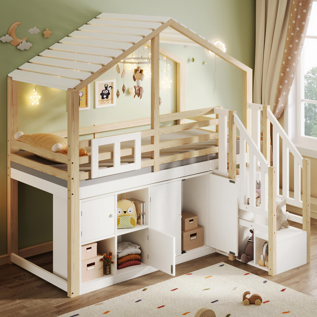 HOCHBETT 90x200cm Weiß + Natur Hausform Bettgitter Stauraumleiter - Weiß, Holz (90/200cm) - FLIEKS