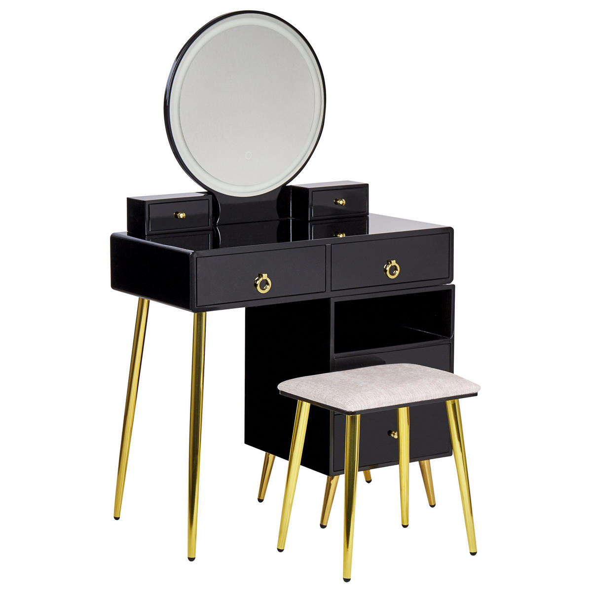 SCHMINKTISCH mit rundem LED-Spiegel Hocker 6 Schubladen schwarz/gold Yves - Goldfarben/Schwarz, Holzwerkstoff (98/133/38cm) - Beliani