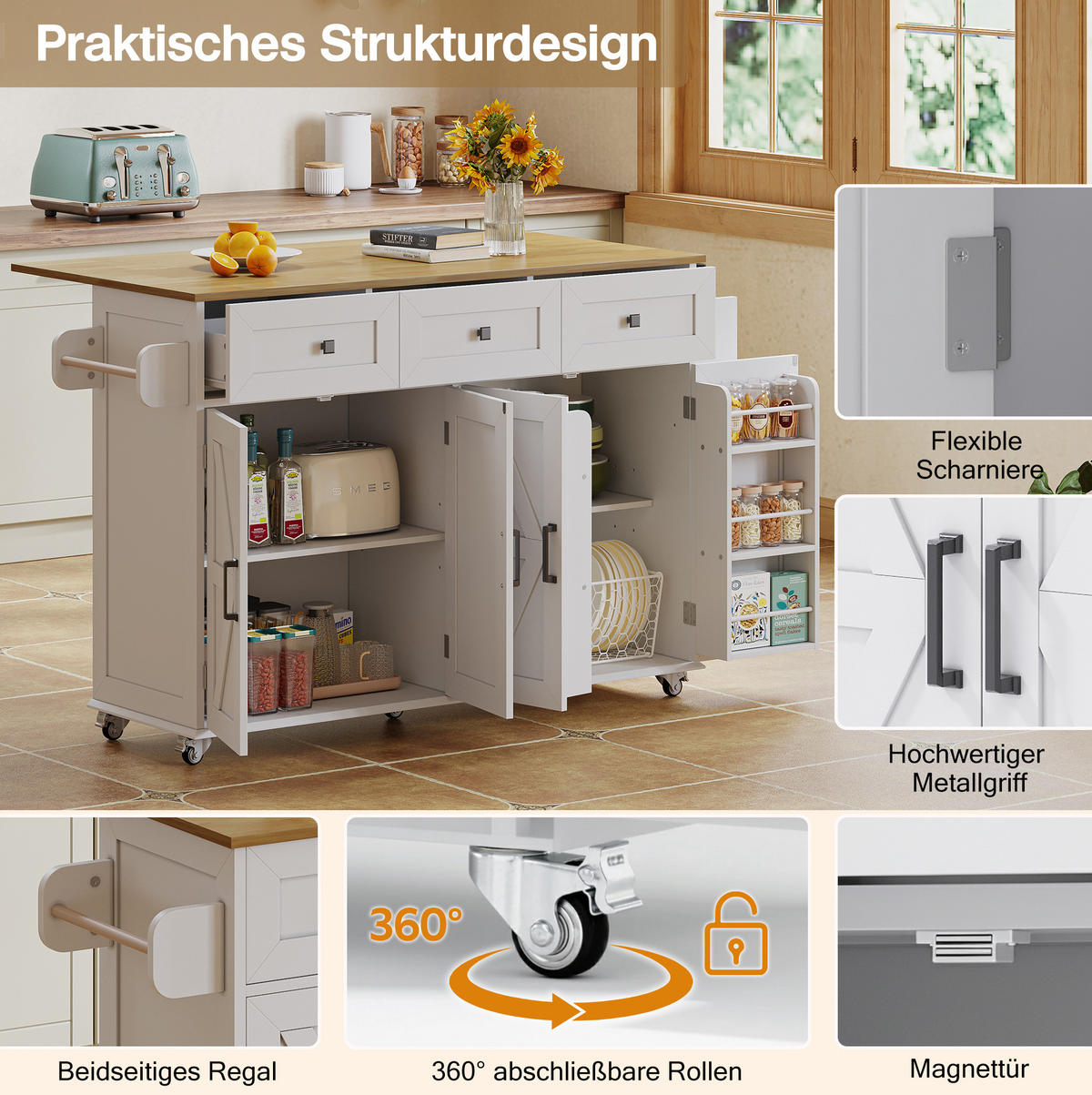 KÜCHENINSEL 140/43(70)/90,5 cm Weiß/Natur aus MDF mit klappbarer Arbeitsplatte - Weiß, Holzwerkstoff (70/93/140cm) - OKMYHOME