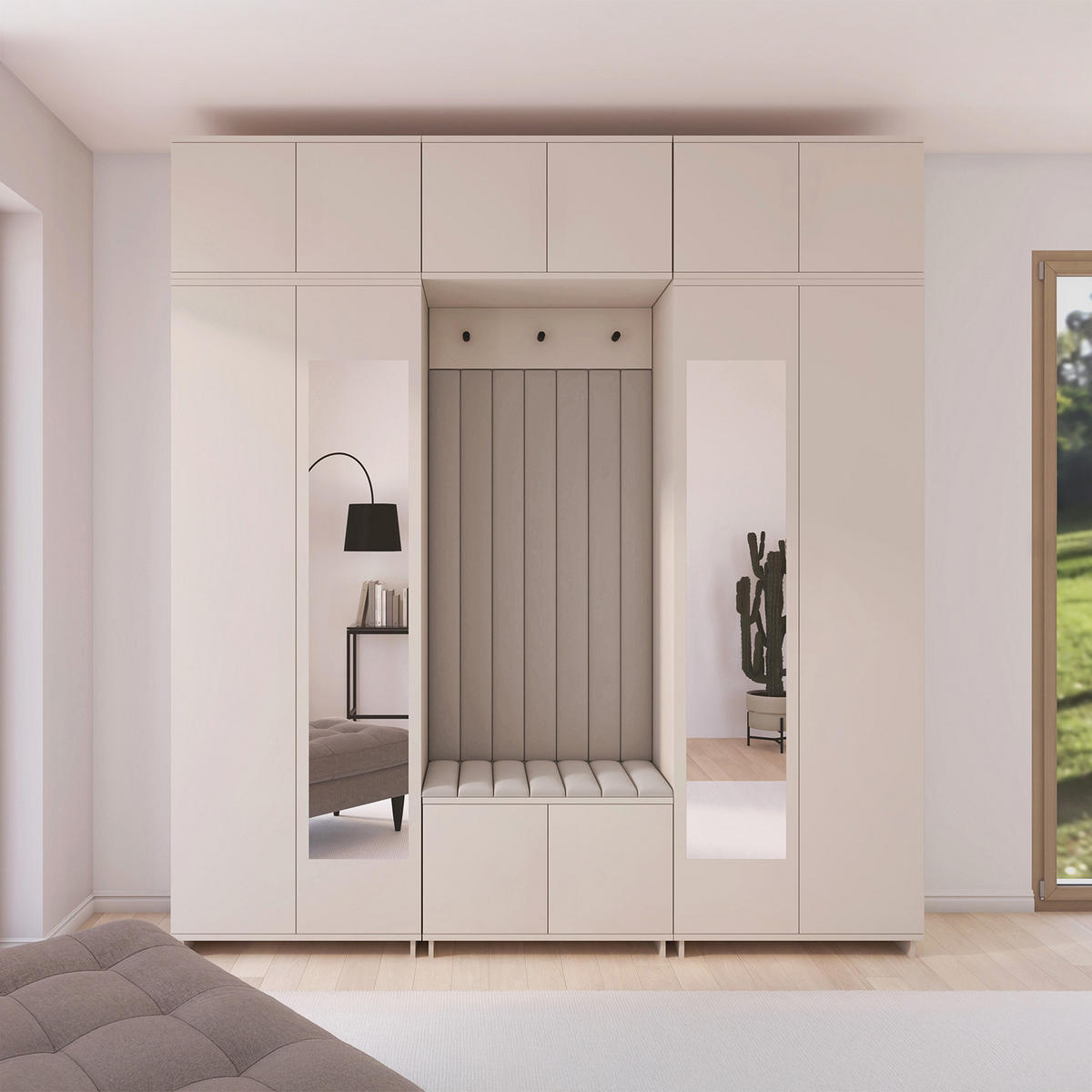 GARDEROBE Napoli version 12 mit Spiegel, mit POLSTERPANEELEN BEIGE - Beige/Creme, Holzwerkstoff (210/229/40cm) - Jerpax