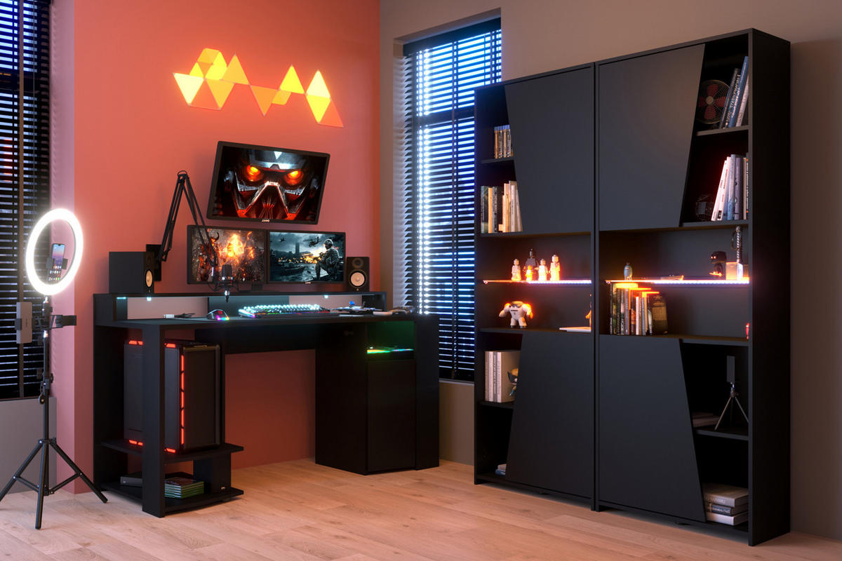 JUGENDZIMMER Gaming Set mit Schreibtisch und Schrank inkl. LED - Schwarz, Glas/Holzwerkstoff (290/180/62cm) - Parisot Meuble