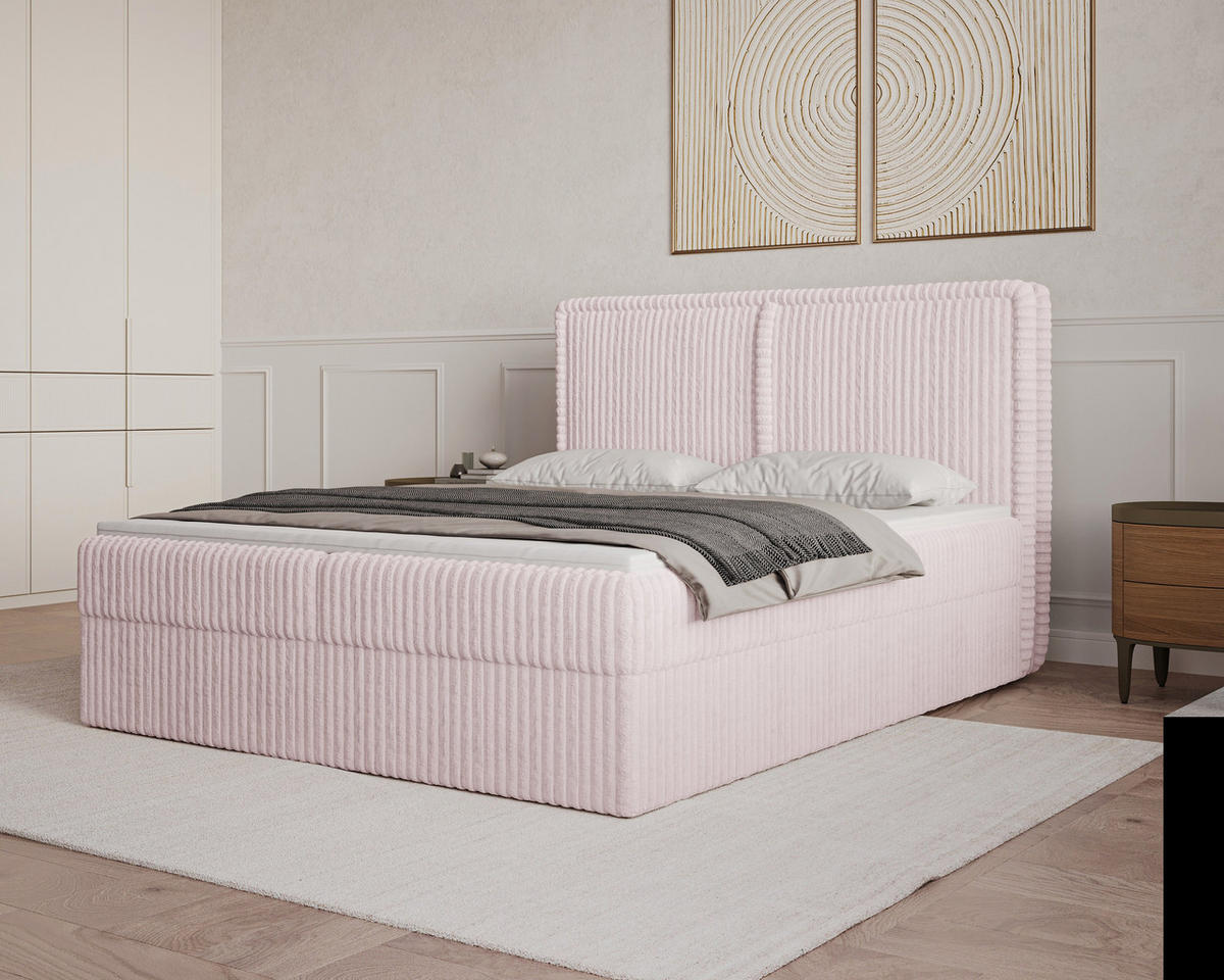 BOXBETT 04 140 x 200 cm - Ambience – Modernes Polsterbett mit Bettkasten, Topper und gepolstertem Kopfteil, Stoffbezug, Stauraumbett - Rosa, Holz (140/200cm) - ROYAL24_MARKT